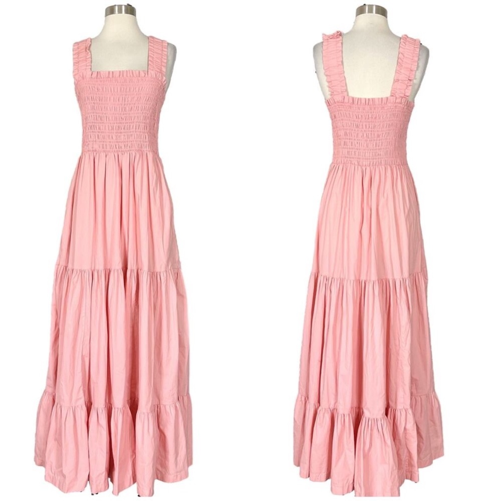 Abercrombie | Pink Romantic Tiered Cotton Smocked Pockets Long Maxi Dress L Tall